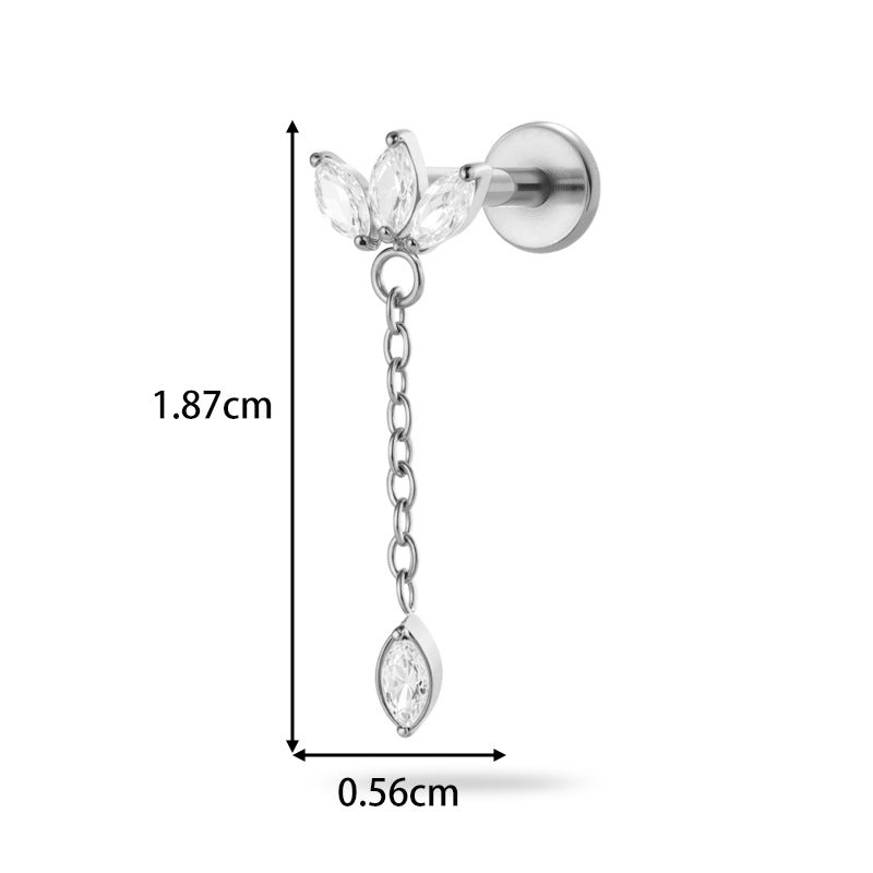 Implant Grade ASTM F136 Titanium Threadless Push Pin Zircon Chain Dangle Flat Back Stud | Geometric Cartilage Helix Tragus Lip Piercing Jewelry