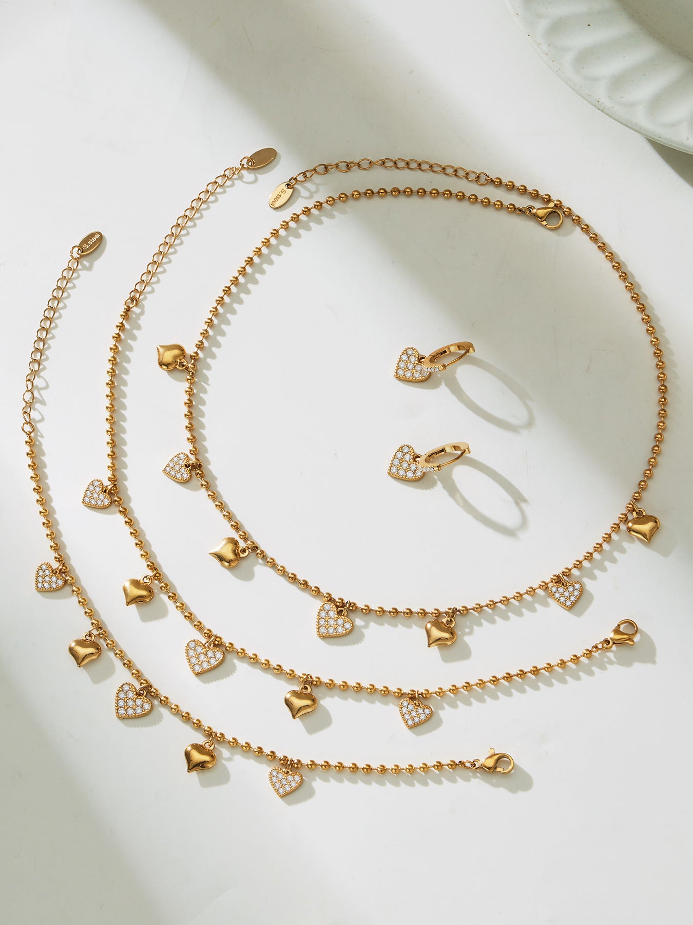Hollow Heart Zircon Stainless Steel Necklace Bracelet Anklet Earrings – Minimalist Romantic Jewelry Set