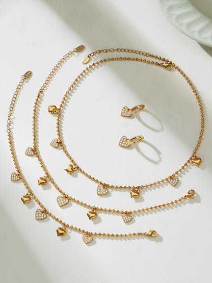 Hollow Heart Zircon Stainless Steel Necklace Bracelet Anklet Earrings – Minimalist Romantic Jewelry Set