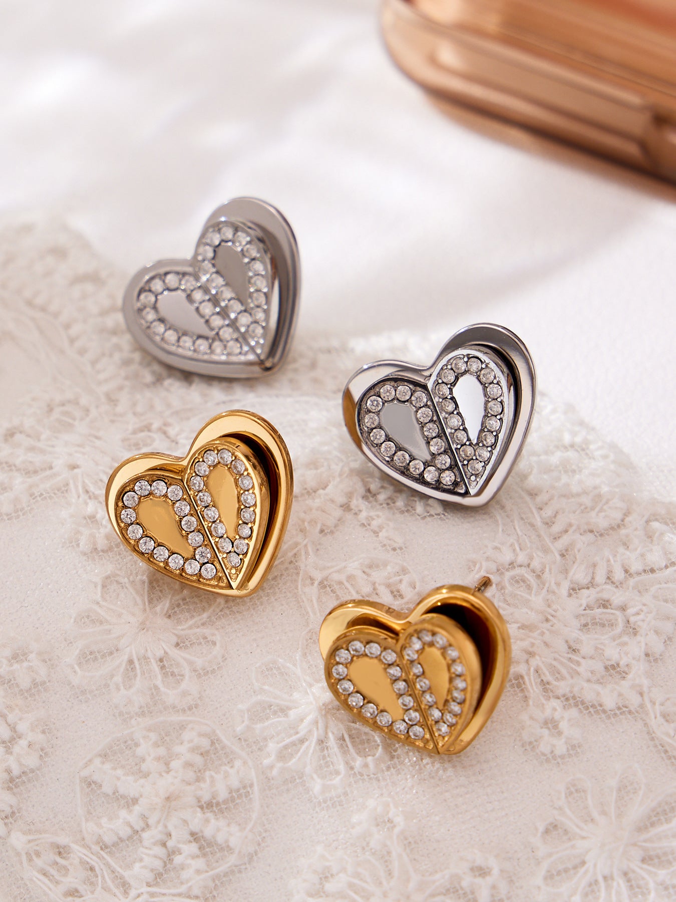 Double Heart Zircon Pendant Necklace, Earrings & Ring Jewelry Set - Gold & Steel Stainless Steel