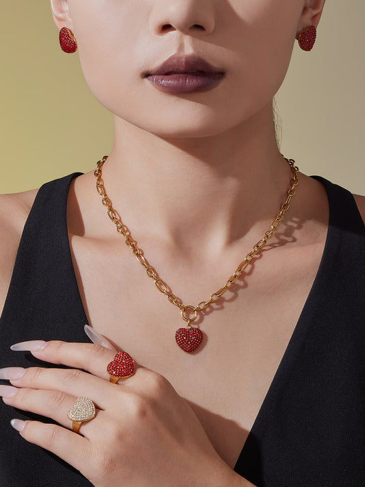 Stainless Steel Heart Jewelry Set – Zircon Heart Necklace, Earrings & Ring Set | Romantic Gift Set