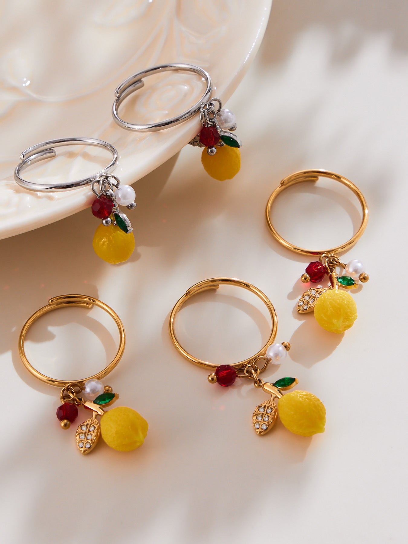 Stainless Steel Resin Lemon Zircon Pendant Necklace, Earrings, Bracelet & Ring Jewelry Set