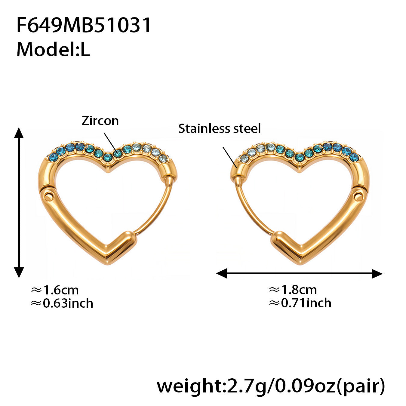 Colorful Cubic Zirconia Heart Hoop Earrings Set | Stainless Steel Simple Chic Ear Cuff for Women