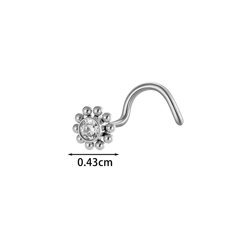 G23/F136 Titanium S-Bar Nose Stud Zircon Paved Hollow Heart & Rose Design – Hypoallergenic Nose Piercing Jewelry for Women, Gold & Silver