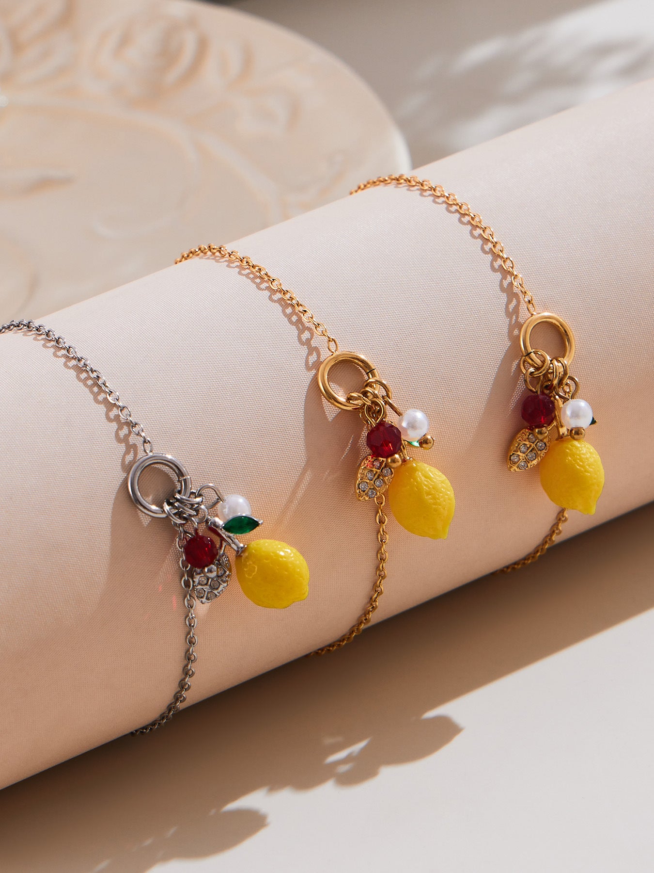 Stainless Steel Resin Lemon Zircon Pendant Necklace, Earrings, Bracelet & Ring Jewelry Set