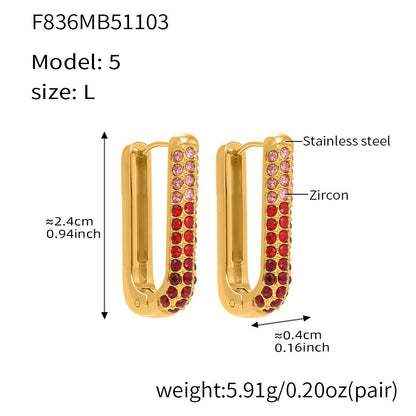 Stainless Steel Long U-Shaped Hoop Earrings with 5A Zircon – Elegant Colorful Statement Fashion Jewelry