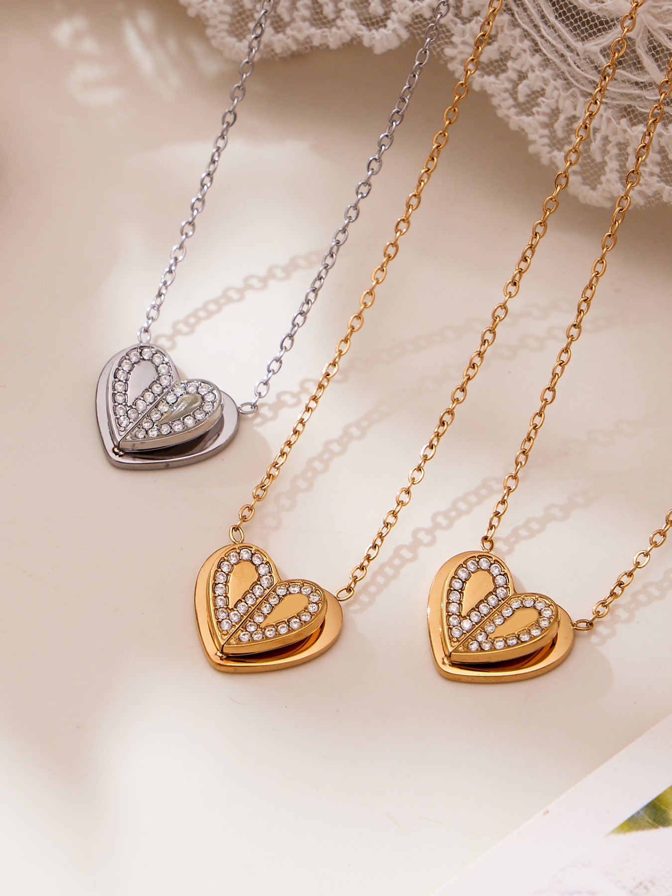 Double Heart Zircon Pendant Necklace, Earrings & Ring Jewelry Set - Gold & Steel Stainless Steel
