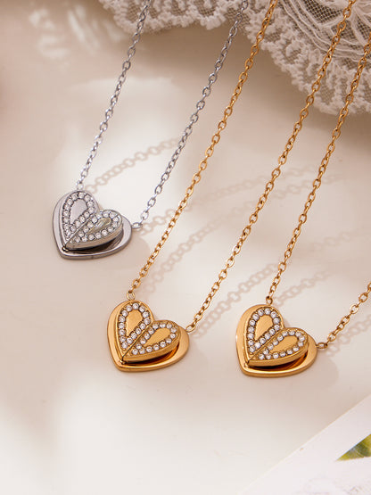 Double Heart Zircon Pendant Necklace, Earrings & Ring Jewelry Set - Gold & Steel Stainless Steel
