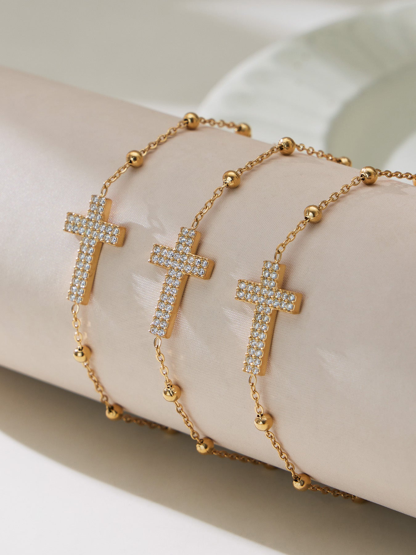 Gold Stainless Steel Cross Zirconia Necklace, Bracelet, Earrings & Ring | Minimalist Cross Jewelry Set