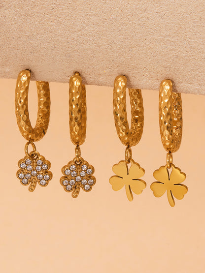 Stainless Steel Zircon Clover Dangle Earrings Set – U-Shaped Hoop Layering Earrings | Lucky Four-Leaf Clover Jewelry Gift for Women