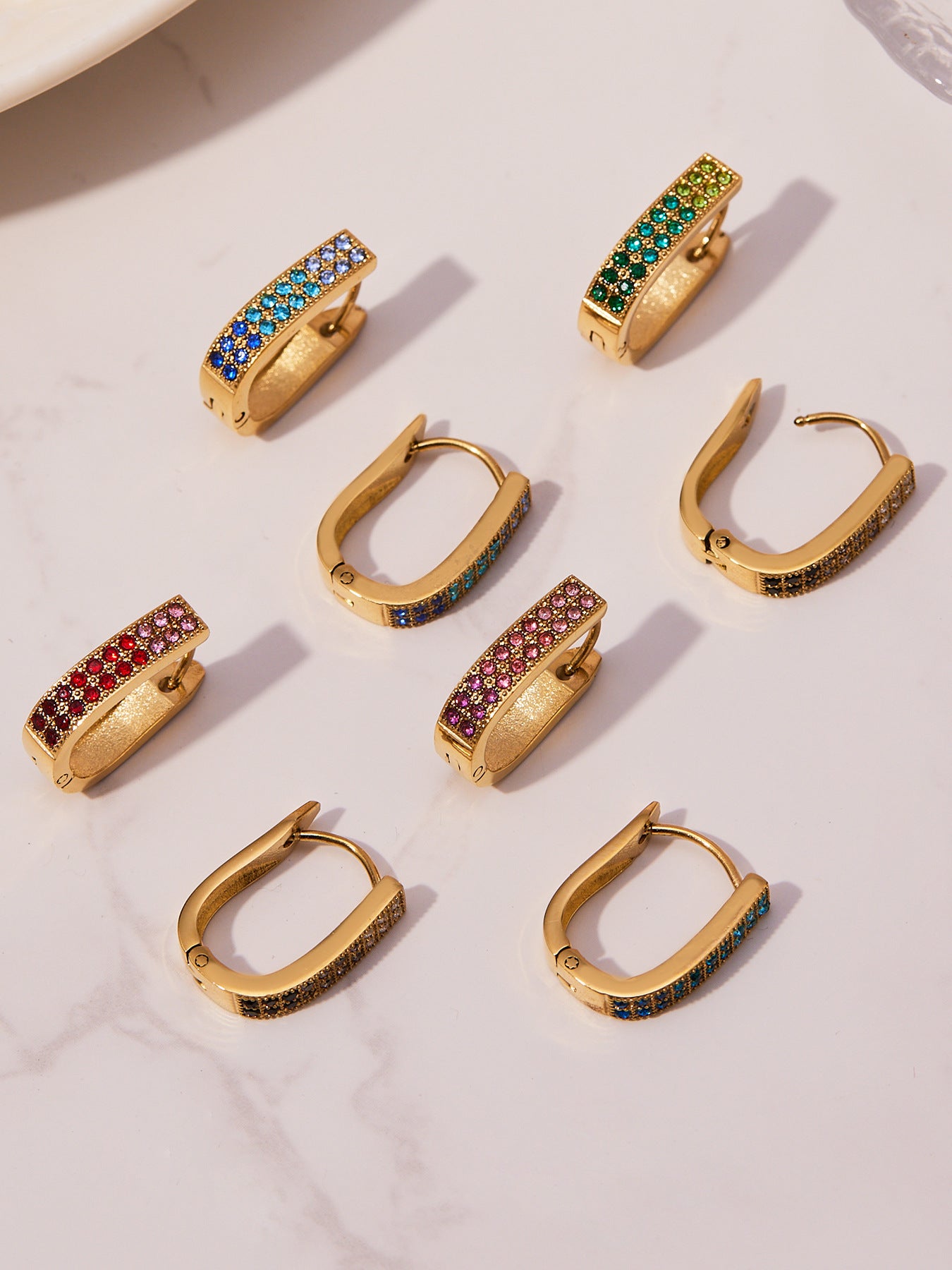 U-Shaped Geometric Zircon Earrings | Stainless Steel Micro Paved Colorful Hoop Earrings | Minimalist Modern Fashion Jewelry