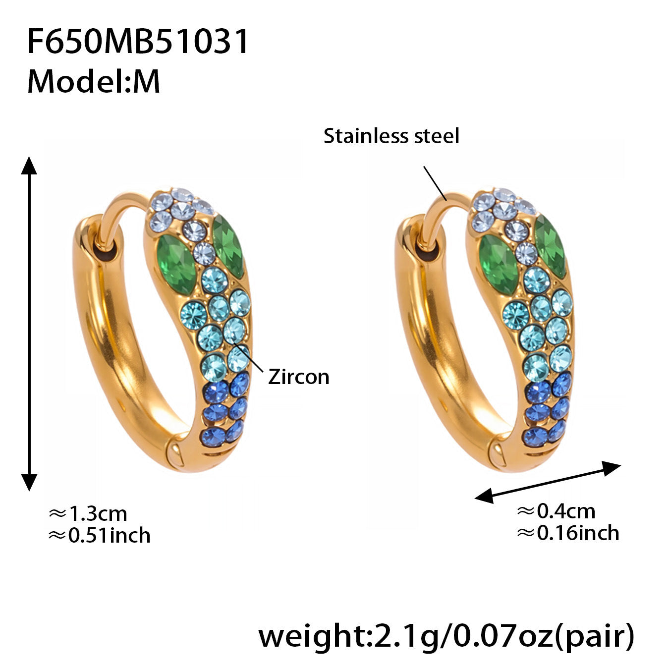 Colorful Zircon Snake Hoop Earrings | Stainless Steel Serpent Earrings Set – WANTI Jewelry