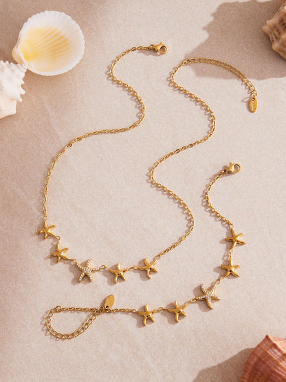 Ocean Star Pendant Necklace, Bracelet, Earrings & Ring Jewelry Set - Gold Stainless Steel