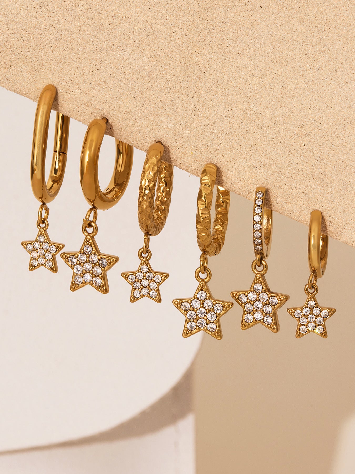 Gold Stainless Steel Five-Pointed Star Zirconia Hoop Earrings Set | Layered Star Earrings | High-Shine Statement Jewelry for Women