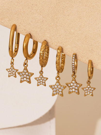 Gold Stainless Steel Five-Pointed Star Zirconia Hoop Earrings Set | Layered Star Earrings | High-Shine Statement Jewelry for Women