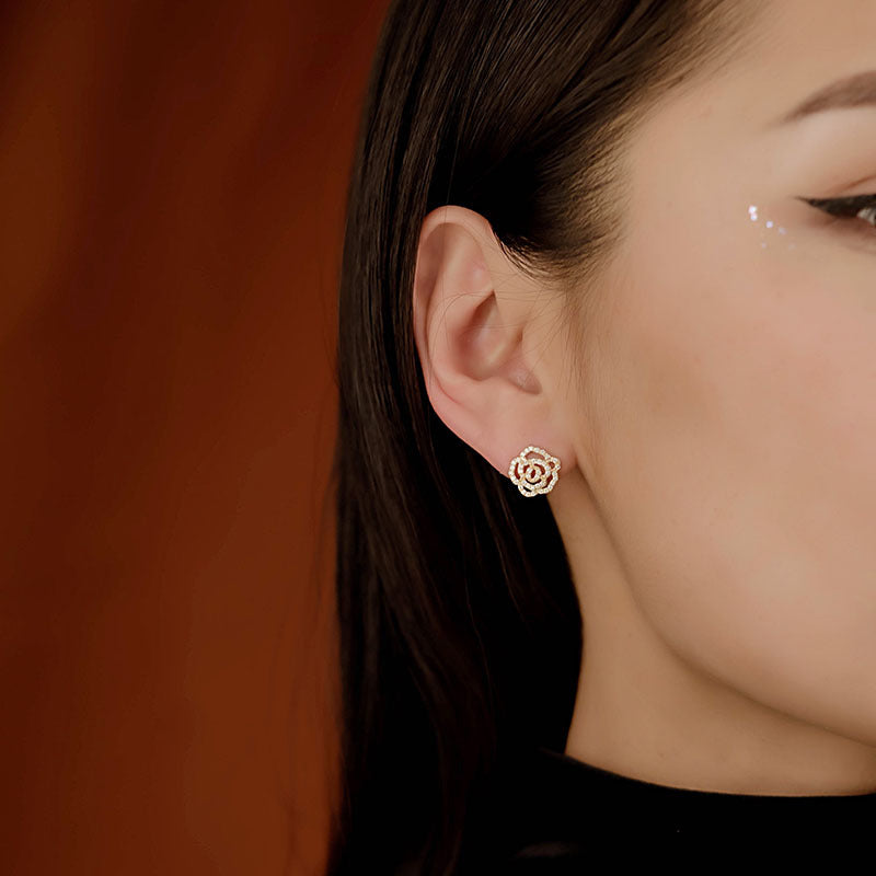14K Gold Camellia Moissanite Diamond Earrings – Luxury Floral Studs
