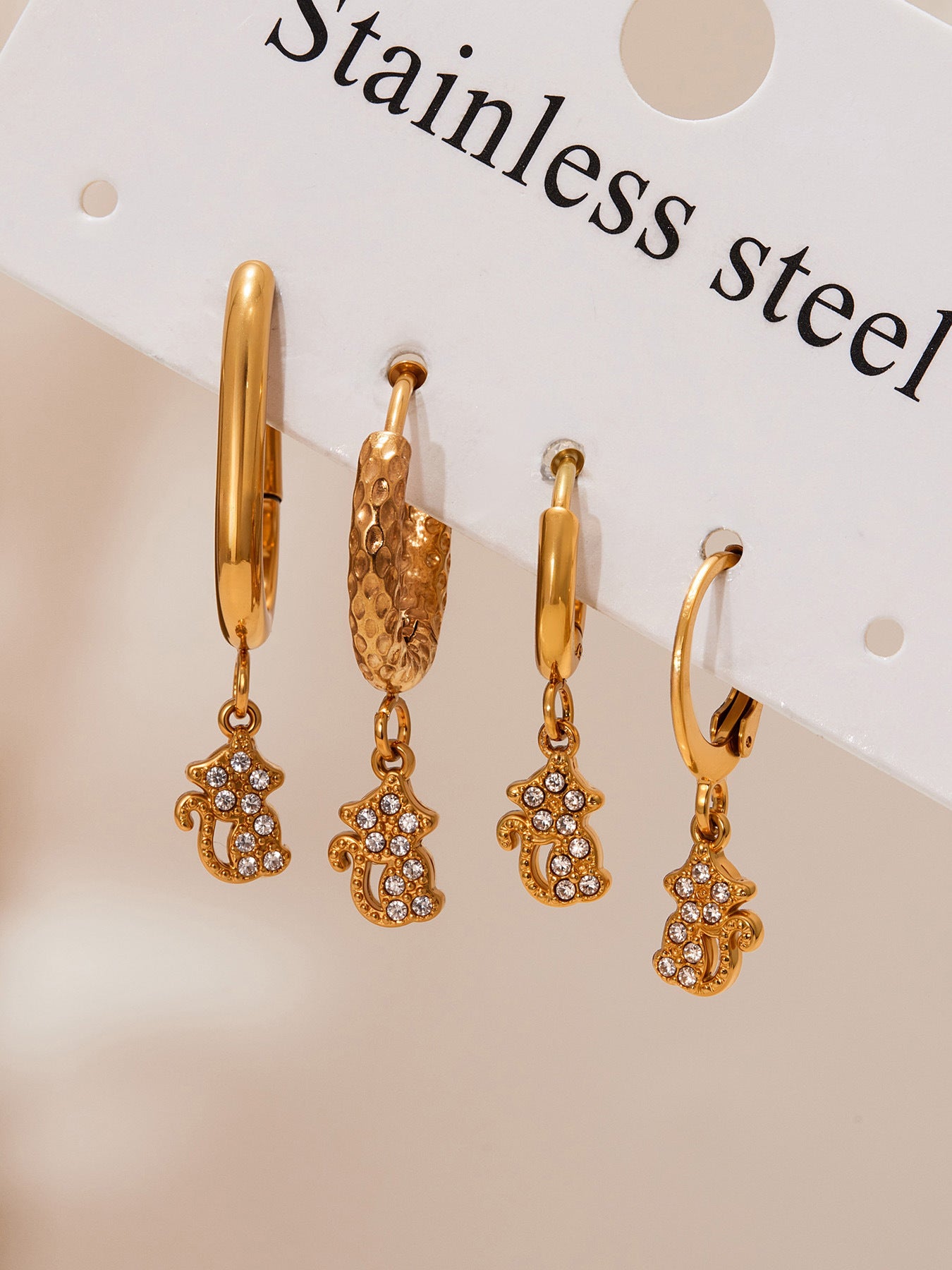 Trendy Stainless Steel Zircon Pendant Hoop Earrings Set – Creative Human & Animal Shapes, Gold Plated Fashion Jewelry