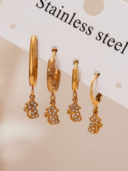 Trendy Stainless Steel Zircon Pendant Hoop Earrings Set – Creative Human & Animal Shapes, Gold Plated Fashion Jewelry