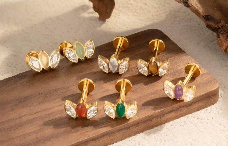 G23/F136 Titanium Marquise CZ Leaf Internal Thread Flat Back Piercing Jewelry – 7 Styles