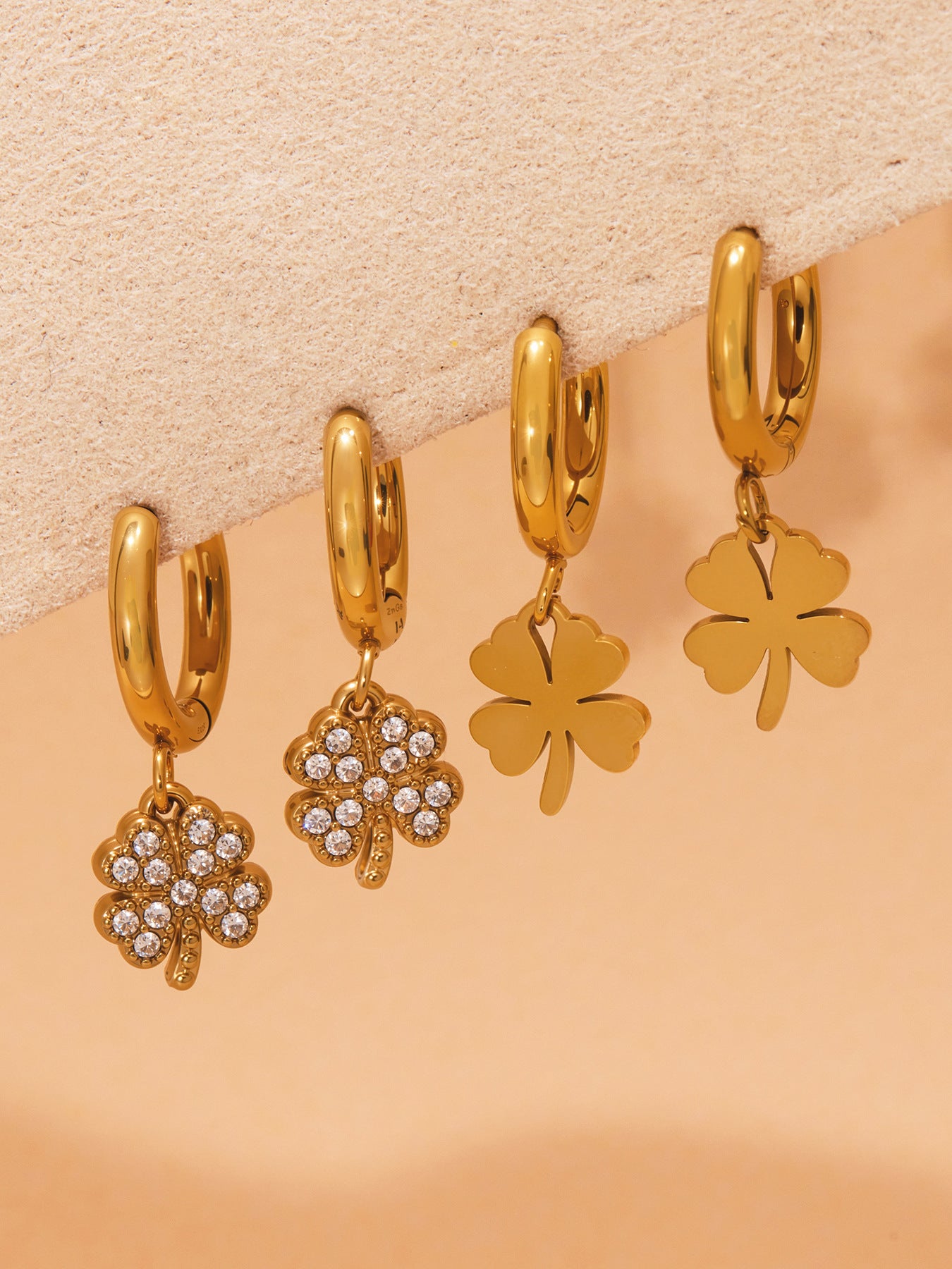Stainless Steel Zircon Clover Dangle Earrings Set – U-Shaped Hoop Layering Earrings | Lucky Four-Leaf Clover Jewelry Gift for Women
