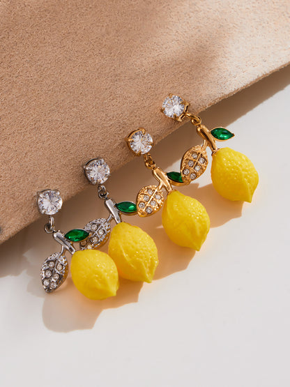 Stainless Steel Resin Lemon Zircon Pendant Necklace, Earrings, Bracelet & Ring Jewelry Set