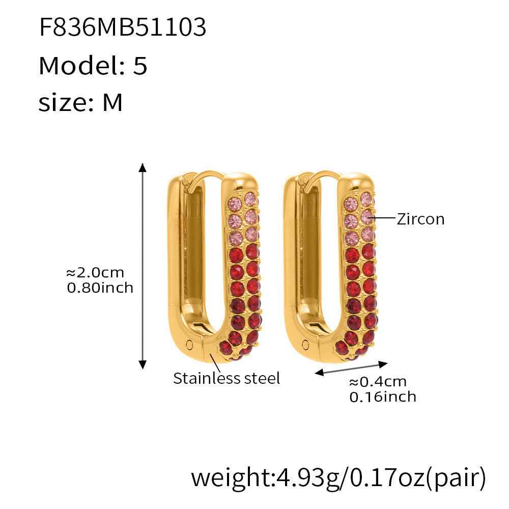 Stainless Steel Long U-Shaped Hoop Earrings with 5A Zircon – Elegant Colorful Statement Fashion Jewelry
