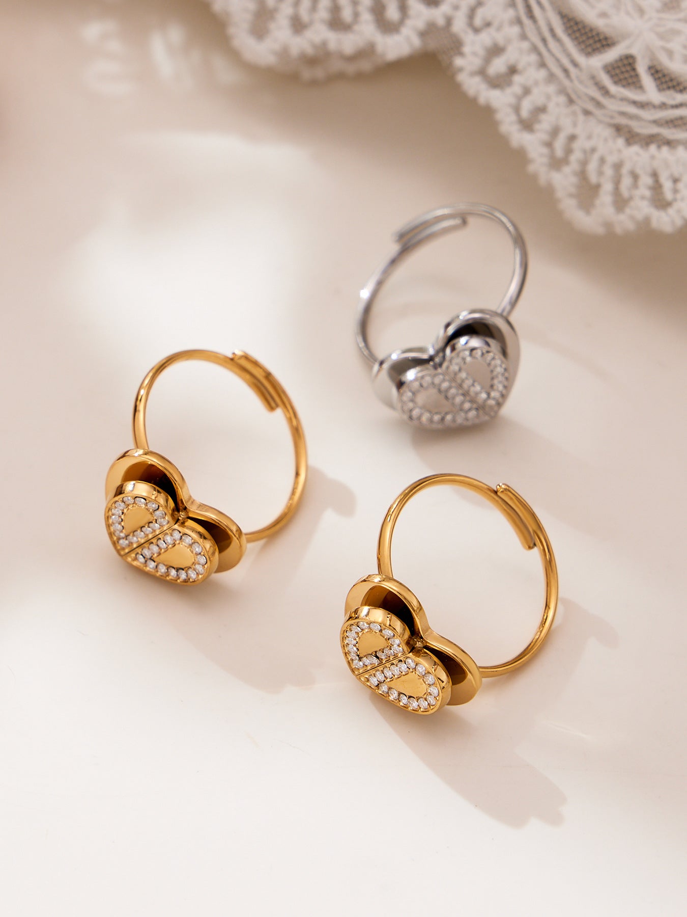 Double Heart Zircon Pendant Necklace, Earrings & Ring Jewelry Set - Gold & Steel Stainless Steel