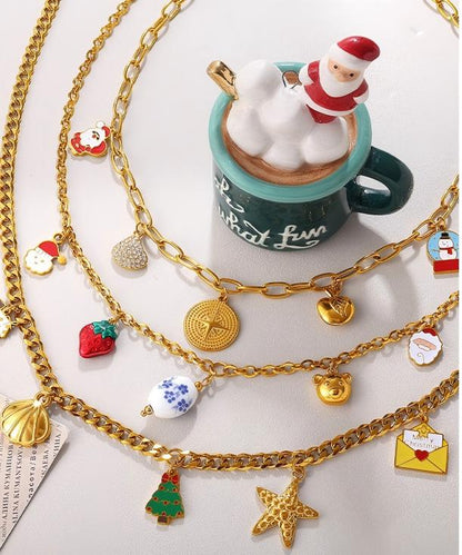 Gold Stainless Steel Christmas Holiday Pendant Tassel Necklace | Festive Fashion Jewelry