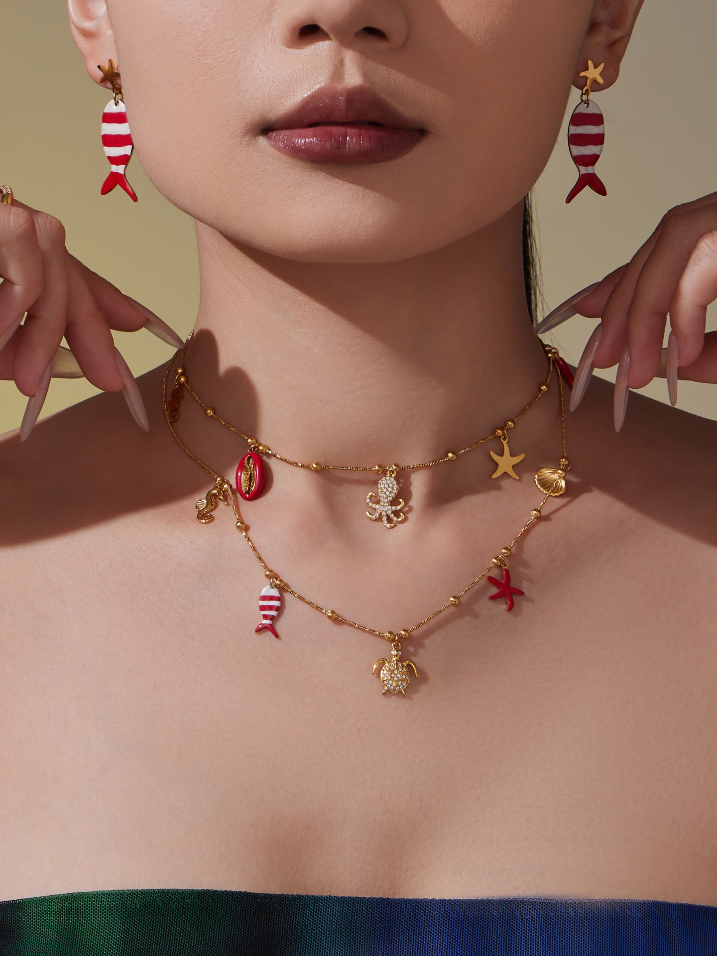 Coral Red Fish, Octopus & Turtle Pendant Jewelry Set – Stainless Steel Necklace, Bracelet, Anklet & Earrings | Trendy Ocean Style Accessories