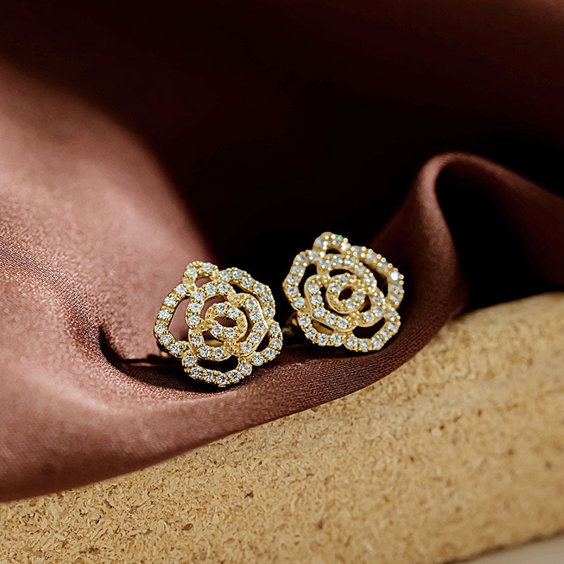 14K Gold Camellia Moissanite Diamond Earrings – Luxury Floral Studs