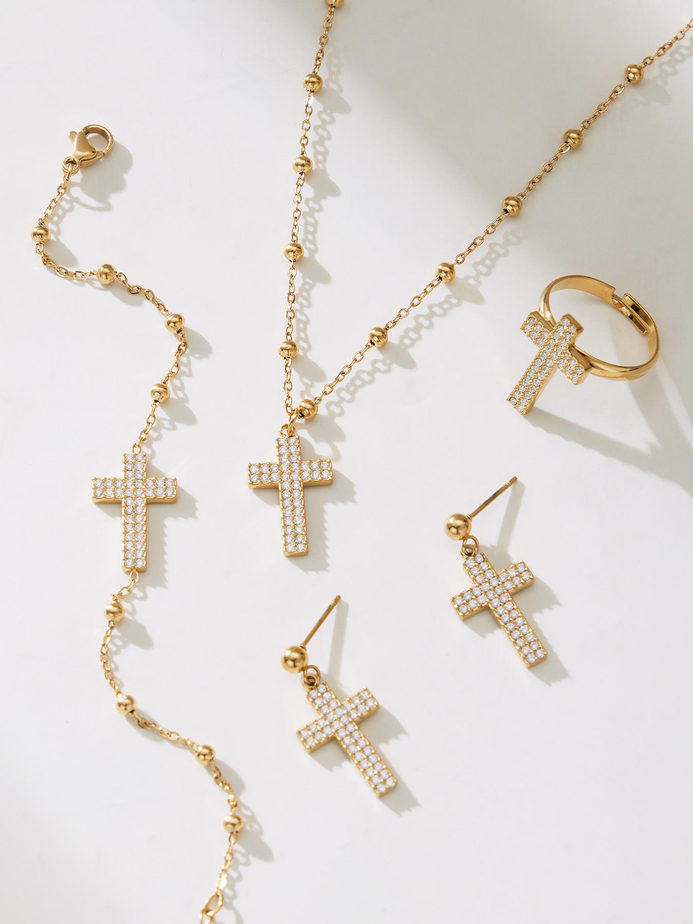 Gold Stainless Steel Cross Zirconia Necklace, Bracelet, Earrings & Ring | Minimalist Cross Jewelry Set