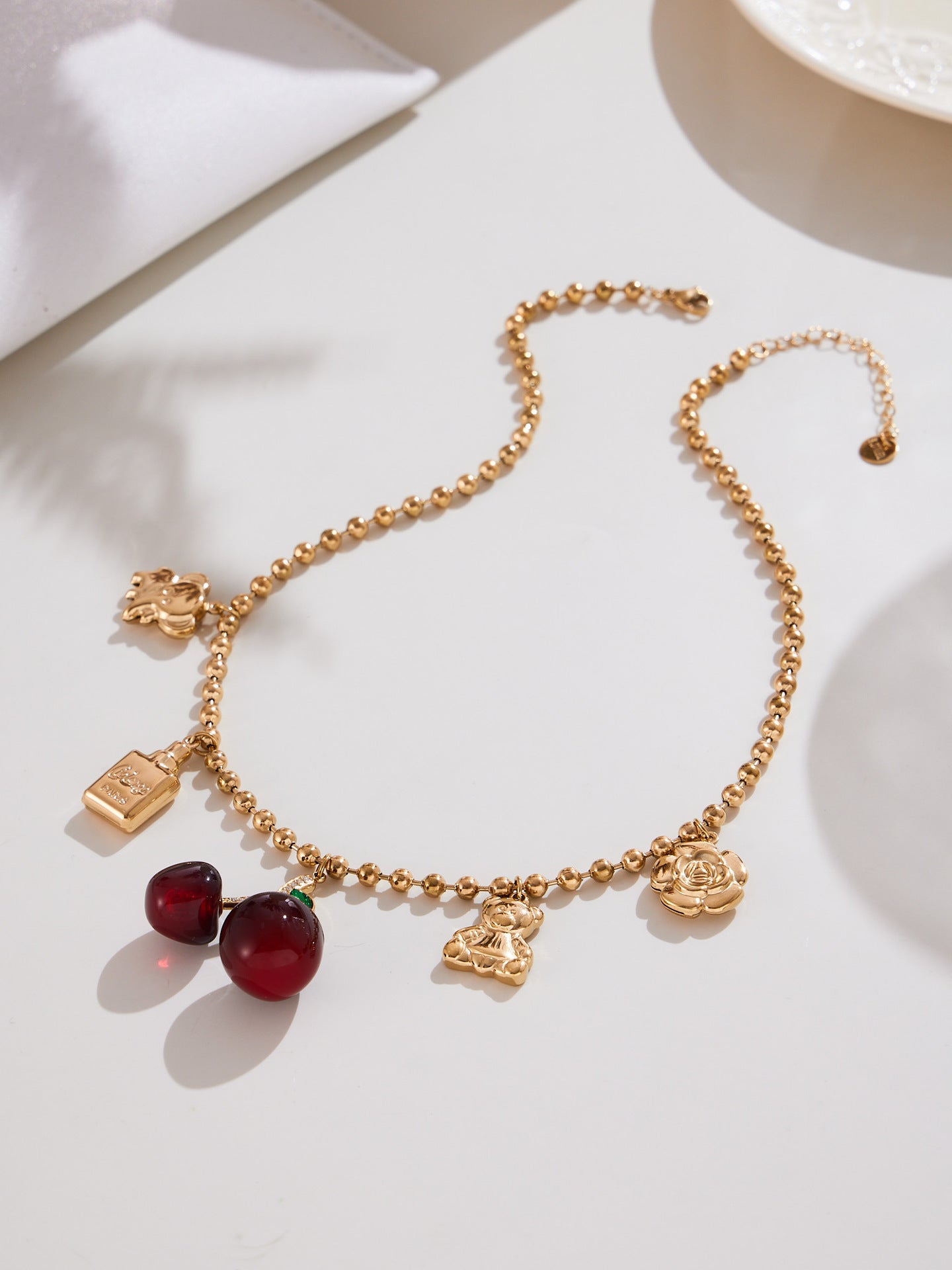 Cherry Zircon Jewelry Set | Gold & Silver Stainless Steel Necklace, Bracelet & Earrings | Trendy Red Resin Cherry Collection by WANTI Jewelry