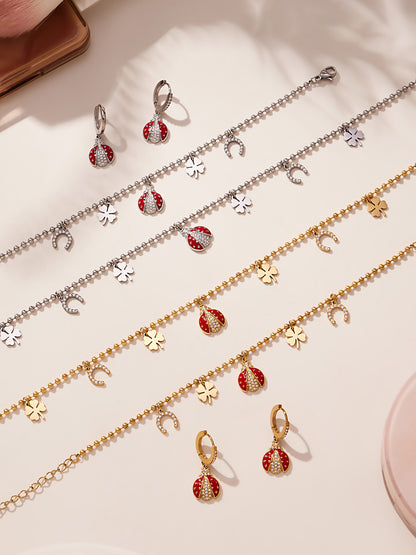 Ladybug Pendant Necklace & Earrings Bracelet Anklet Set – Stainless Steel Cute Lucky Beetle Jewelry