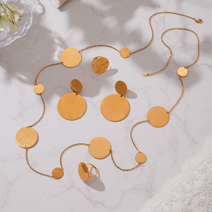 Stainless Steel Long Pendant Sweater Necklace, Drop Earrings & Ring Set – Gold Minimalist Round Disc Jewelry
