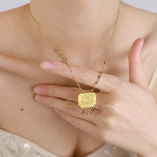 18K Gold Plated Titanium Steel Natural Stone Pendant Necklace (Vintage Style)