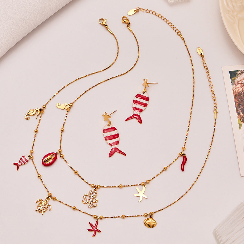 Coral Red Fish, Octopus & Turtle Pendant Jewelry Set – Stainless Steel Necklace, Bracelet, Anklet & Earrings | Trendy Ocean Style Accessories