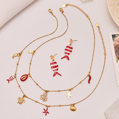 Coral Red Fish, Octopus & Turtle Pendant Jewelry Set – Stainless Steel Necklace, Bracelet, Anklet & Earrings | Trendy Ocean Style Accessories