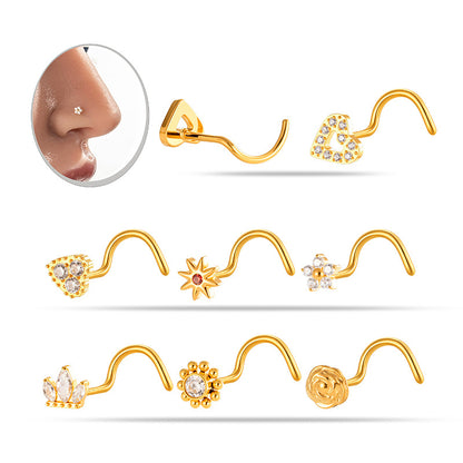 G23/F136 Titanium S-Bar Nose Stud Zircon Paved Hollow Heart & Rose Design – Hypoallergenic Nose Piercing Jewelry for Women, Gold & Silver