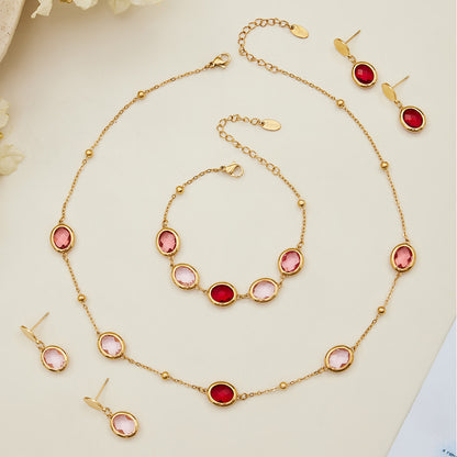 Candy Color Oval Glass Stone Necklace, Bracelet & Earrings Set – Stainless Steel | Fashion Jewelry | Colorful Minimalist Accessories