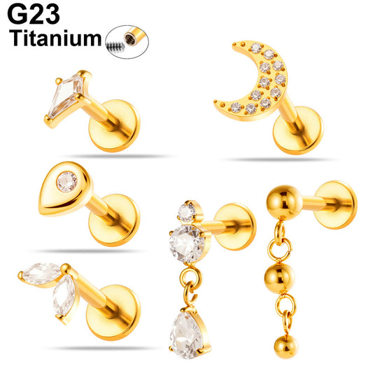 Implant Grade ASTM F136 Titanium Teardrop Moon Geometric Flat Back Stud | Internal Thread Labret | Cartilage, Helix, Lip Piercing Jewelry