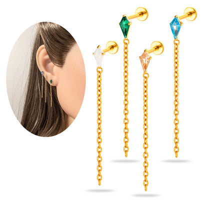 Implant Grade ASTM G23/F136 Titanium Threadless Tassel Chain Diamond Geometric Zircon Stud | Helix Cartilage Lip Piercing Jewelry