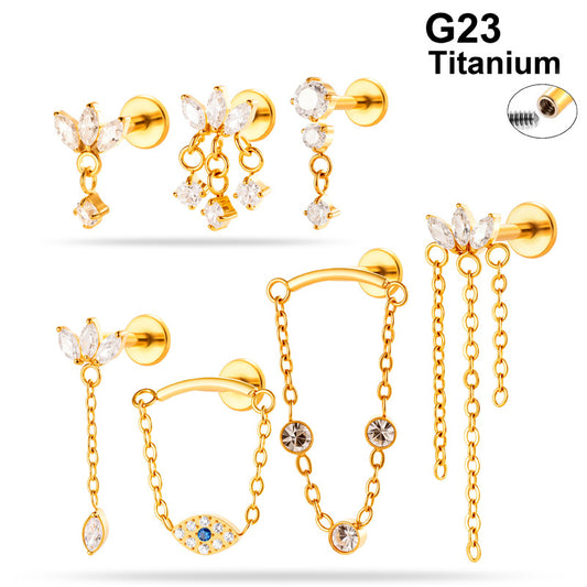 Implant Grade ASTM F136 Titanium Threadless Push Pin Zircon Chain Dangle Flat Back Stud | Geometric Cartilage Helix Tragus Lip Piercing Jewelry