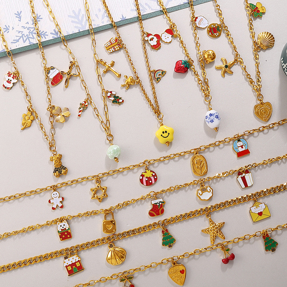 Gold Stainless Steel Christmas Holiday Pendant Tassel Necklace | Festive Fashion Jewelry