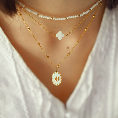 18K Gold Plated Titanium Steel Oval Flower Pendant Double Layer Beaded Necklace | Elegant Fashion Jewelry Set