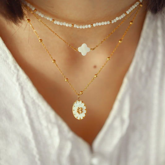 18K Gold Plated Titanium Steel Oval Flower Pendant Double Layer Beaded Necklace | Elegant Fashion Jewelry Set