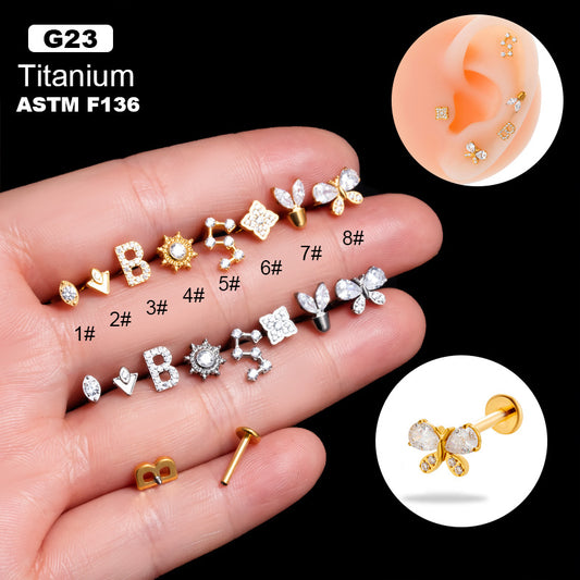 G23 Titanium Internally Threaded CZ Cartilage Stud Earrings – Butterfly, Letter, Sun & Other Shapes – Hypoallergenic Body Piercing Jewelry for Helix, Tragus, Conch