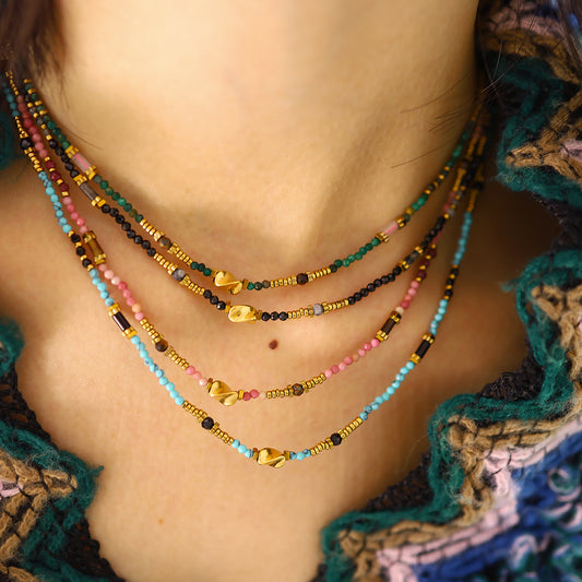18K Gold Plated Titanium Steel Colored Bead Dopamine Necklace | Stylish Fashion Jewelry