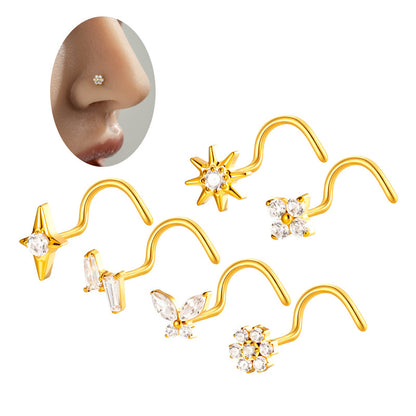 Implant Grade ASTM F136 Titanium Star Lightning Nose Stud S-Bend CZ Nose Stud Nostril Piercing Jewelry Hypoallergenic