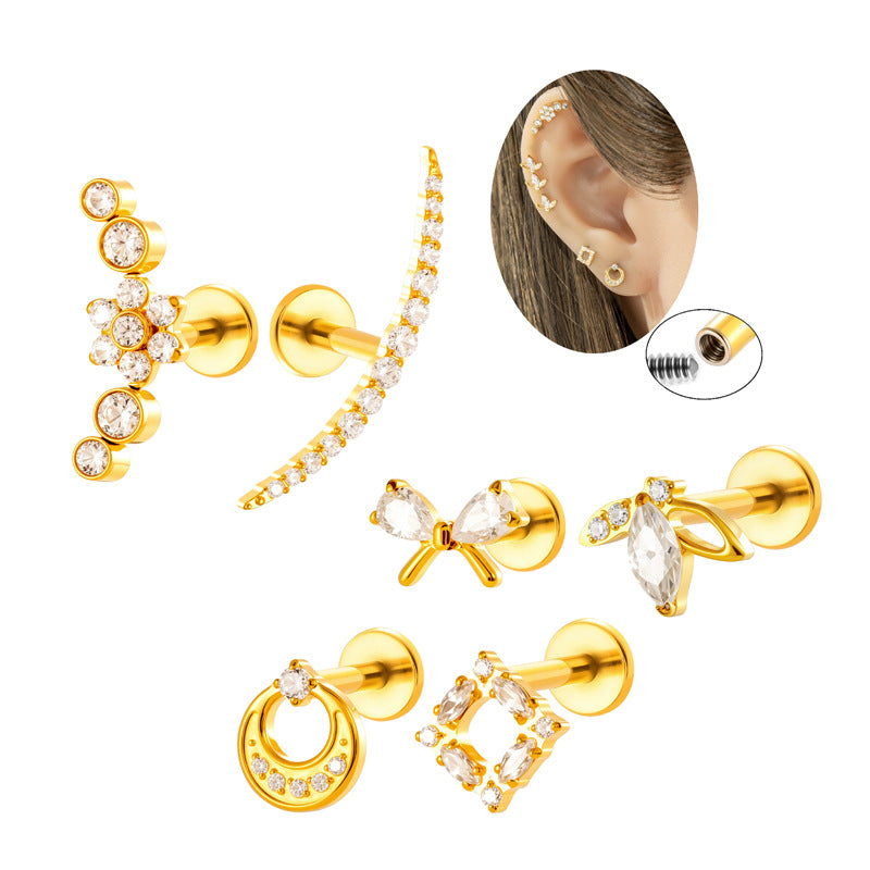 Implant Grade G23 Titanium Cartilage Stud Geometric CZ | Internal Thread 16G Helix Tragus Flat Back Earring