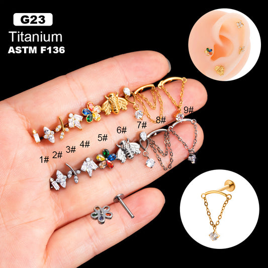 G23/F136 Titanium CZ Chain Tassel Cartilage Stud – Internally Threaded Flat-Back Piercing Jewelry